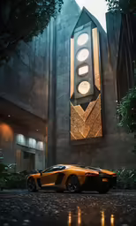 a sports car that is in front of a church