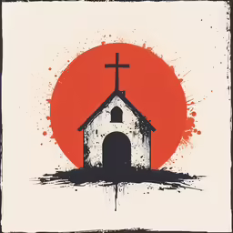 a black church with a white roof against a red and yellow background