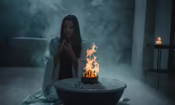 a young girl sitting down with her hand on a flame