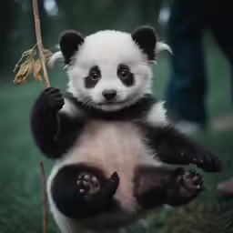 a small panda bear holding on to a rope