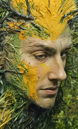 a man with a lot of leaves on his face