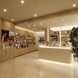 there are many boxes on shelves behind the counter