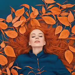 a woman laying down and surrounded by leaves