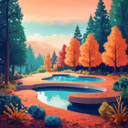 colorful scenery with a pool and large trees,a colorful painting of an orange path to a pool