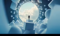a person standing on top of an ice like structure in the sky
