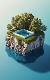 an island with trees sitting on top of it and a pool surrounded by blue water