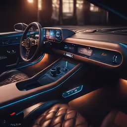 a car interior with an instrument screen and gauges