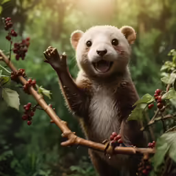 a ferret smiling at the camera through a tree limb