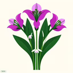 there are purple flowers with green leaves,an illustration of a bunch of pink flowers