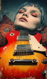 woman with blue hair holding a red guitar
