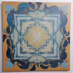 an acrylic painting of blue, yellow and white,a close - up photo of the inside of a square painting on a wall