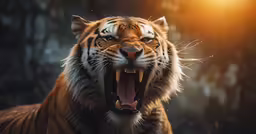 an angry tiger roaring with his mouth open