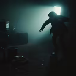 a man walking in the darkness near a wall