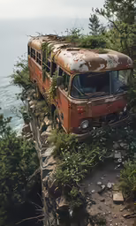 an old rusted bus parked on top of a cliff next to the ocean