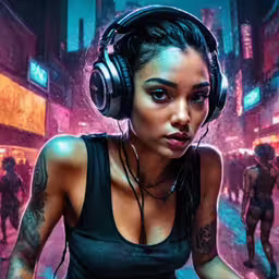 a woman wearing headphones and a top is holding her hand in her hands