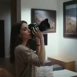 a woman in her apartment taking pictures