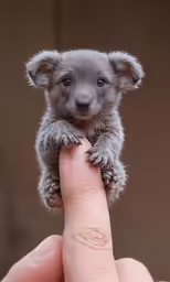 the small gray dog is sitting on a finger