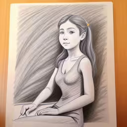 a drawing of a girl sitting on the floor,a drawing of a young girl sitting on a chair