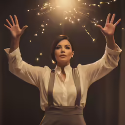 the woman wearing suspenders is holding fireworks