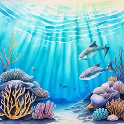 a painting of various fish and plants underwater,an underwater scene with coral, reefs and fish,a painting of some animals and sea creatures,this is an underwater scene with corals and fish,an aquarium with fish and corals