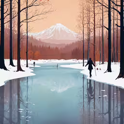 a picture of a man is on skis,a river in a forest is surrounded by snow and trees