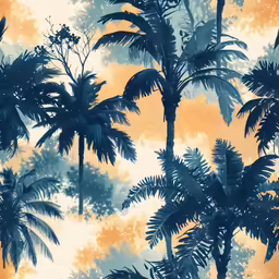 blue and orange palm trees against an orange sky