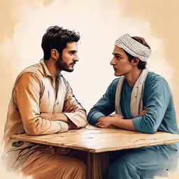 two men are sitting at a table, one looking into each others eyes