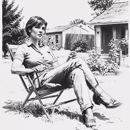 a woman sitting in a chair outside by some trees