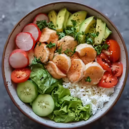 this is an image of a rice bowl with seafood and vegetables