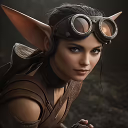 a girl dressed up in a deer costume, goggles and horns