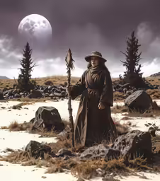 a woman holding a stick standing on top of a desert