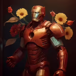 iron man is standing with a bouquet of flowers
