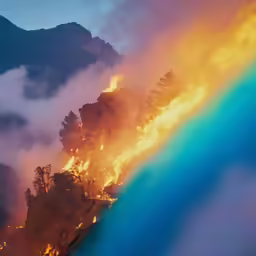 a fire is seen through the clouds over some trees