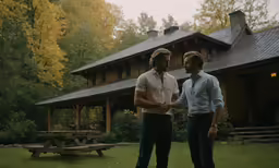 two men standing in front of a building near picnic tables