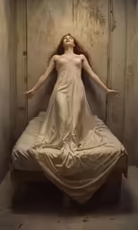 the woman in a long dress is laying on a bed