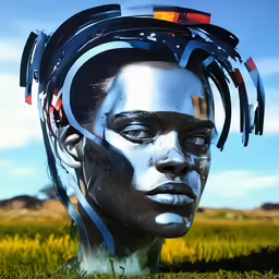 the face of an artistic woman in a grassy field