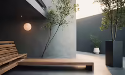a modern indoor patio with a tree in vases and bench