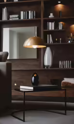 a lamp is hanging above a coffee table