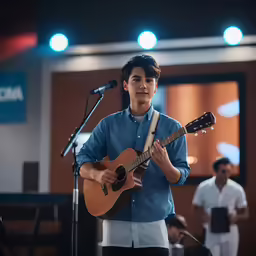 a man that is playing a guitar near microphone