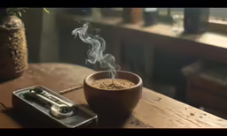 a cup of coffee with smoke and steam