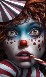 a child with creepy makeup, clown makeup and striped umbrella