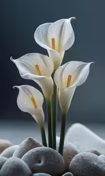 three white flowers are blooming in a pile of rocks