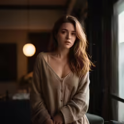 a beautiful woman standing next to a window