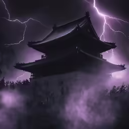 the dark picture shows an oriental structure that has lightning on it