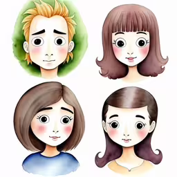 illustration of the faces of three people,four faces of people that have different facial expressions