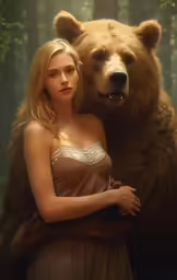 a woman in a brown dress stands by a large bear
