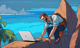 a man in blue shirt using a laptop on a ledge,an image of a person that is working on his laptop