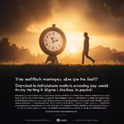 an advertisement with a man walking near a large clock in the dark