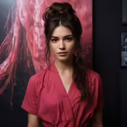a beautiful young woman wearing a red top