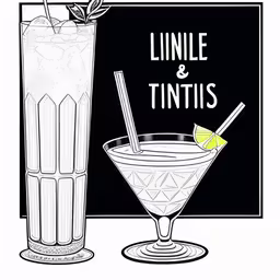 line and twist cocktail drink art poster with drinks served in glasses,the linele and tints logo, which features a glass with a lemon and a lime